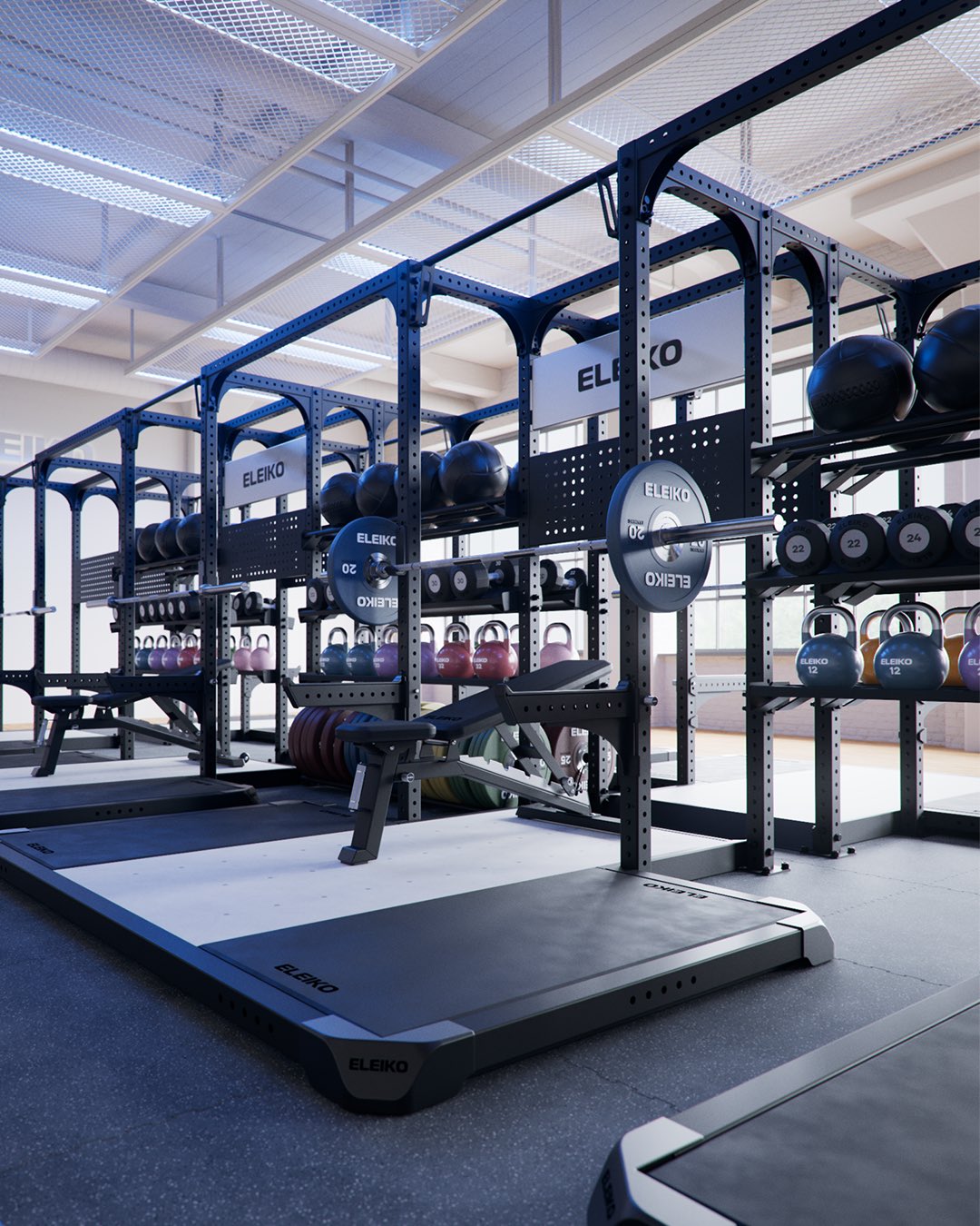 A commercial floor with Eleiko Prestera rigs, platforms and storage