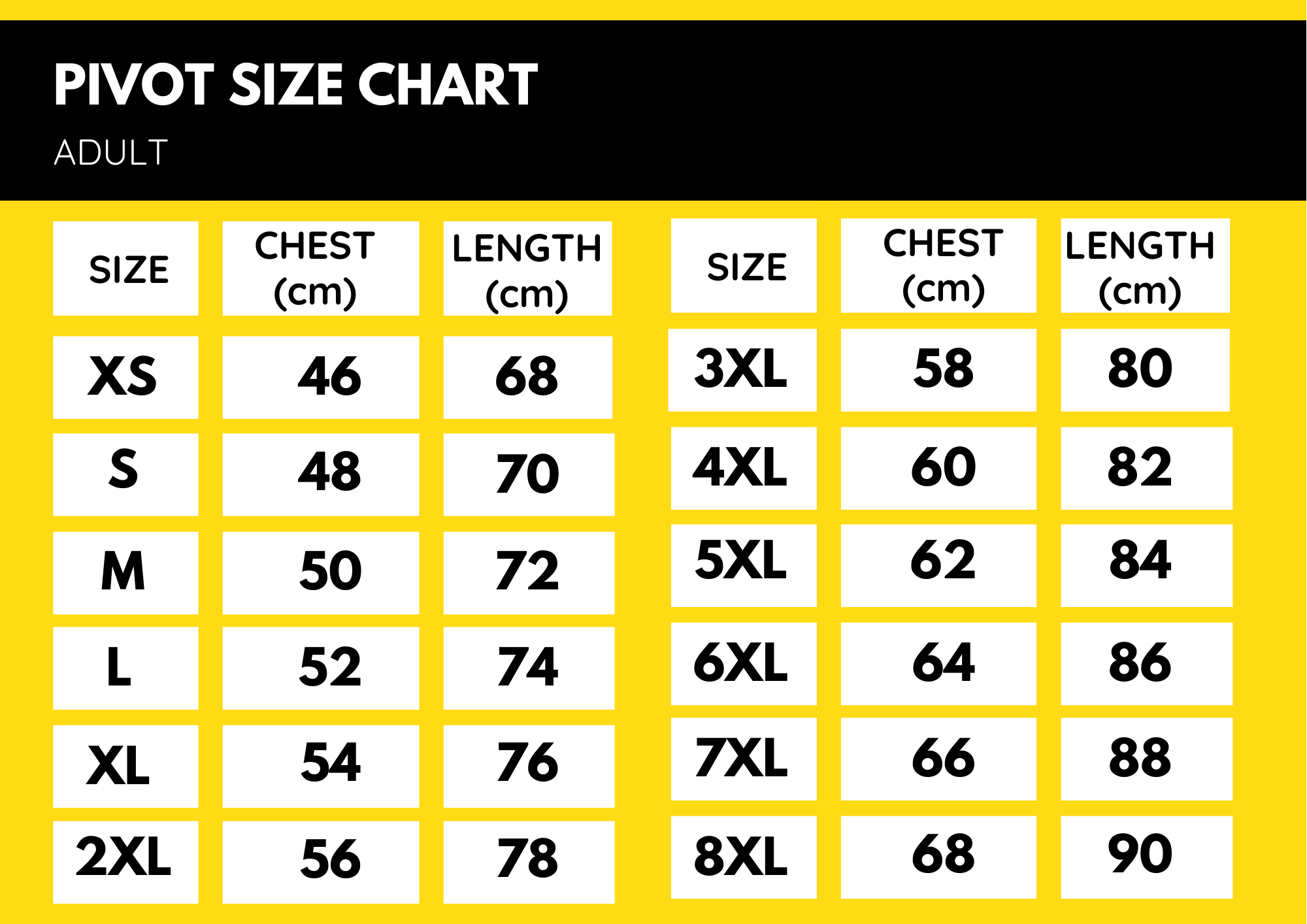 Size Chart Pivot Sports
