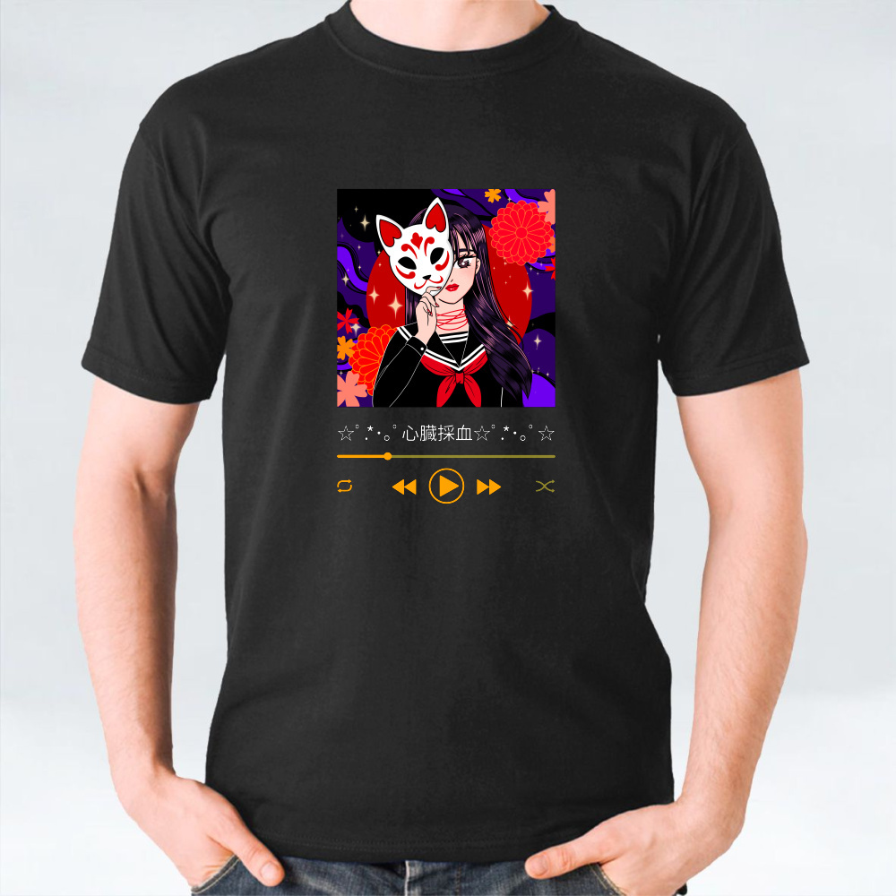 Unisex T-Shirt Design Template With A Media Player Featuring A Woman With A Mask