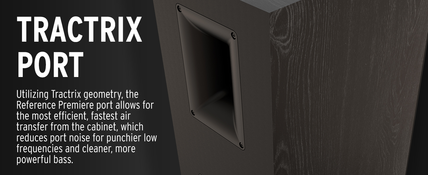 Close-up of Tractrix port on Klipsch Reference Premiere II bookshelf speakers