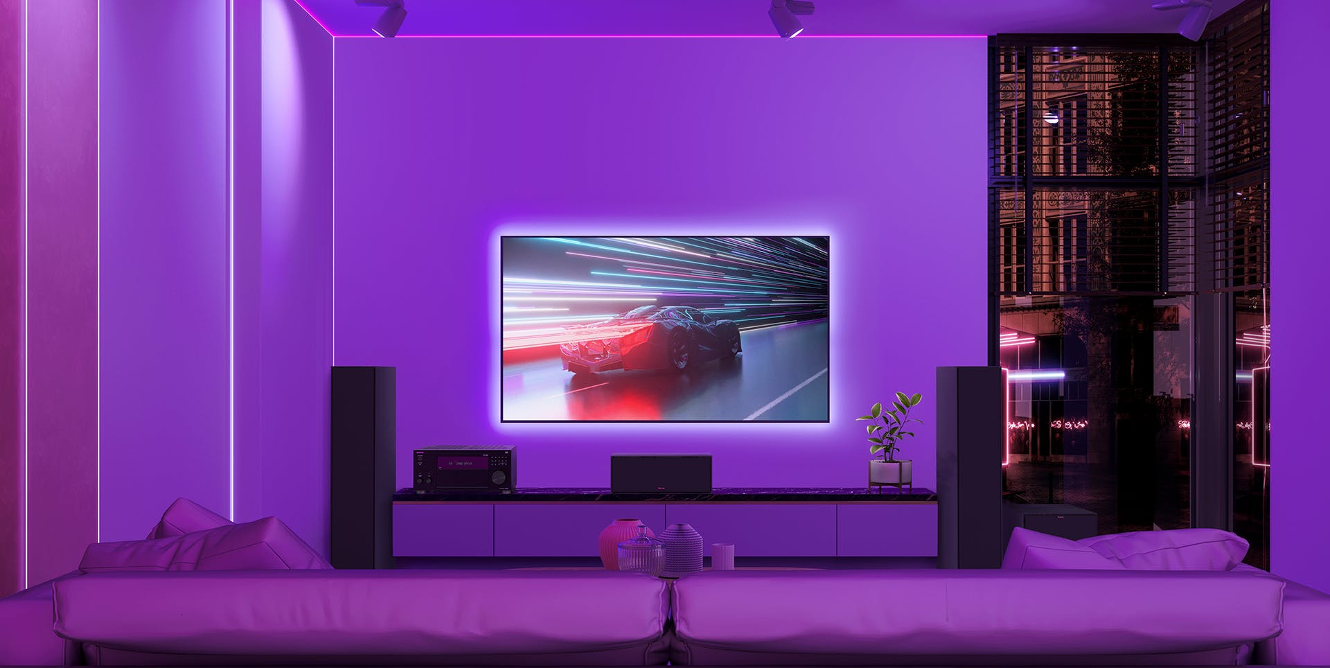 TX RZ70 and Klipsch Home Theater System in Purple LED Lit High Rise Condo 1920x964