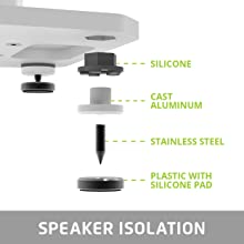 Speaker isolation with silicone, cast aluminium, stainless steel, plastic with silicone pad