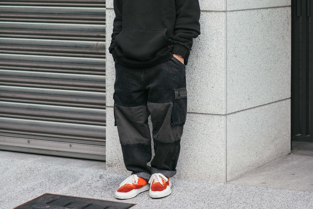 WODEN 2021 FALL & WINTER PATCHWORK BLACK WASH DENIM CARGO PANTS