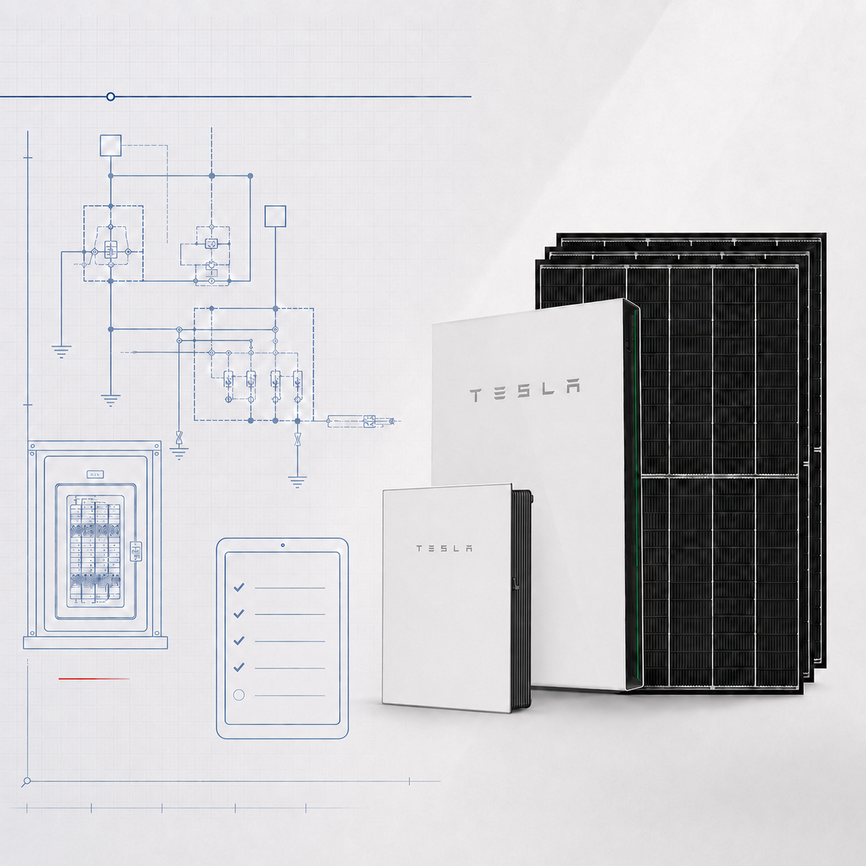 Tesla Powerwall 2 與 Backup Gateway 2 背面配線示意圖，標示電錶、閘道器與電池之間的接線路徑