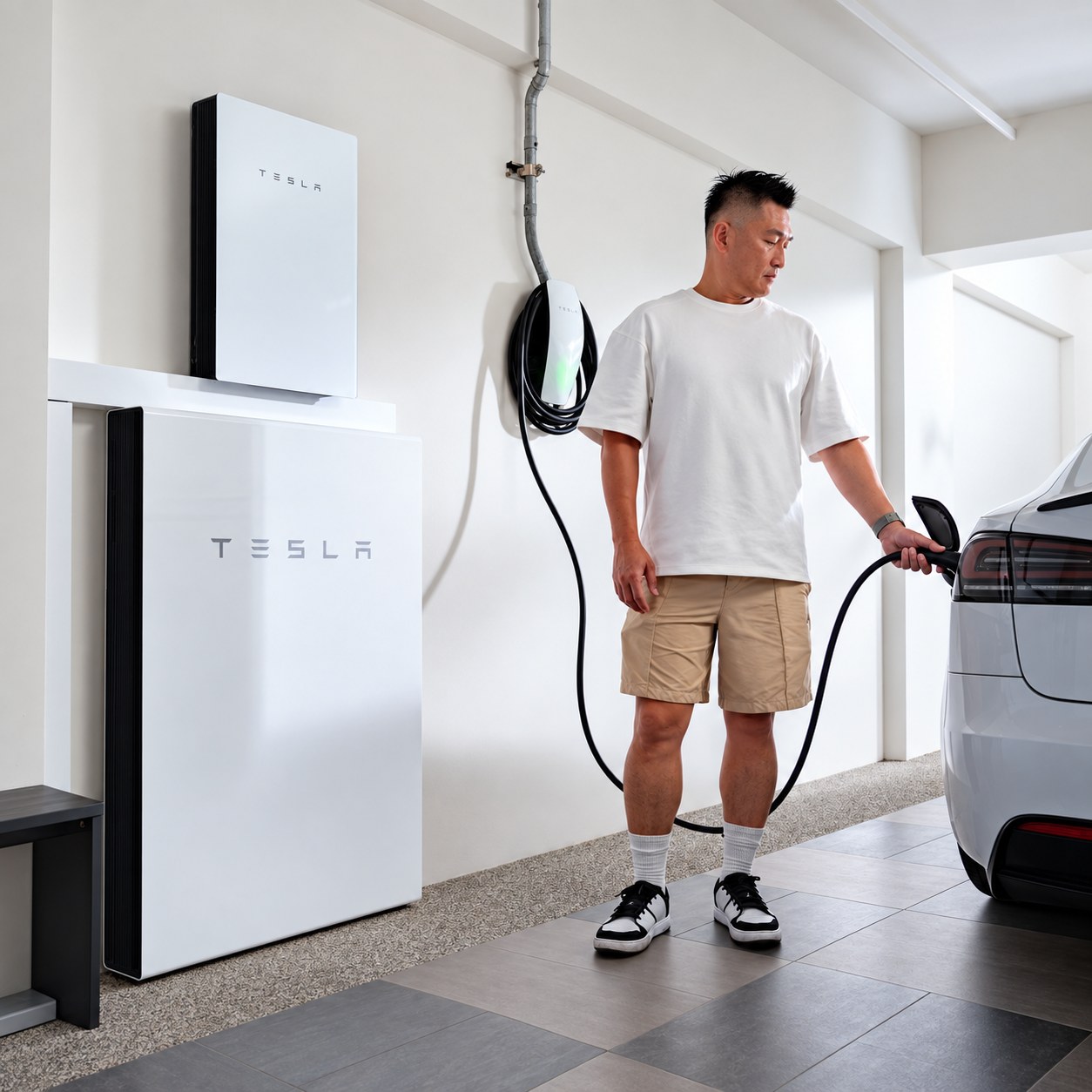 崧象智能安裝實績：在車庫用 Tesla Wall Connector 為 Tesla 充電，牆上裝有 Tesla Powerwall 與 Backup Gateway