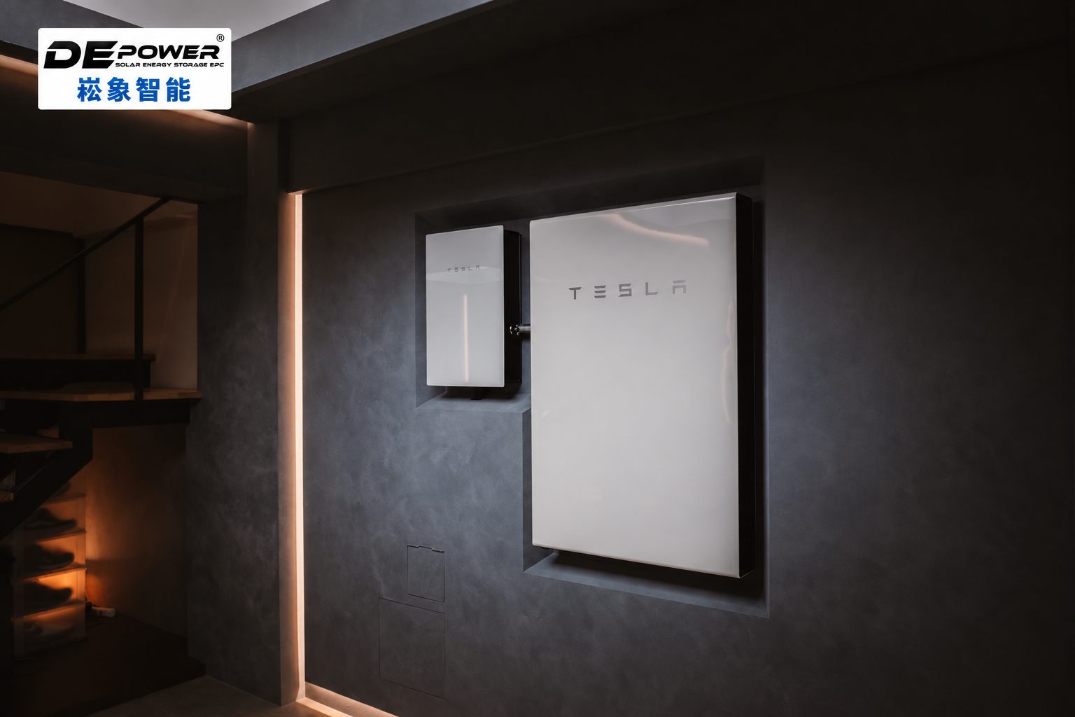 崧象智能安裝實績：深灰清水模牆上的 Tesla Powerwall 與 Backup Gateway，暖色燈光，走線完全隱藏