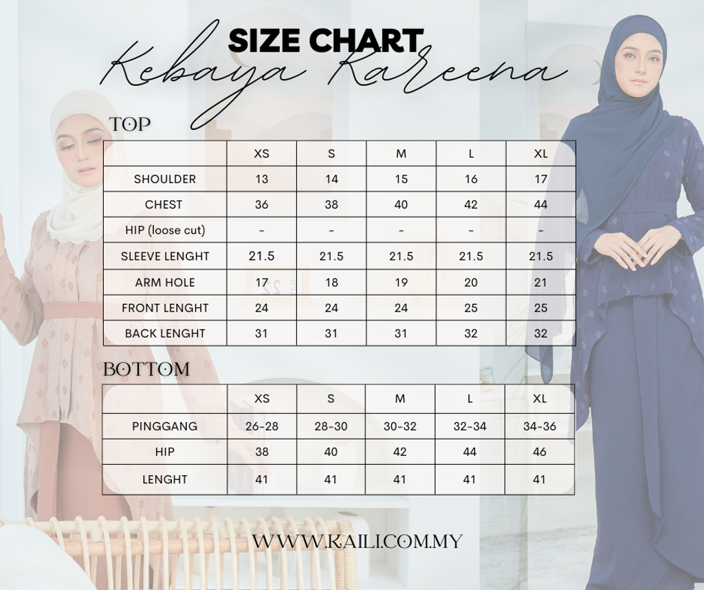 kebaya kareena size chart