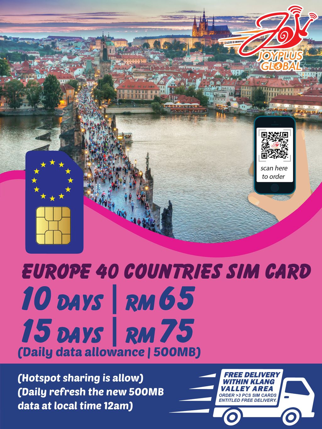 10/15 Days Europe Sim card (40 Europe Countries) 500MB Daily JOYPLUS