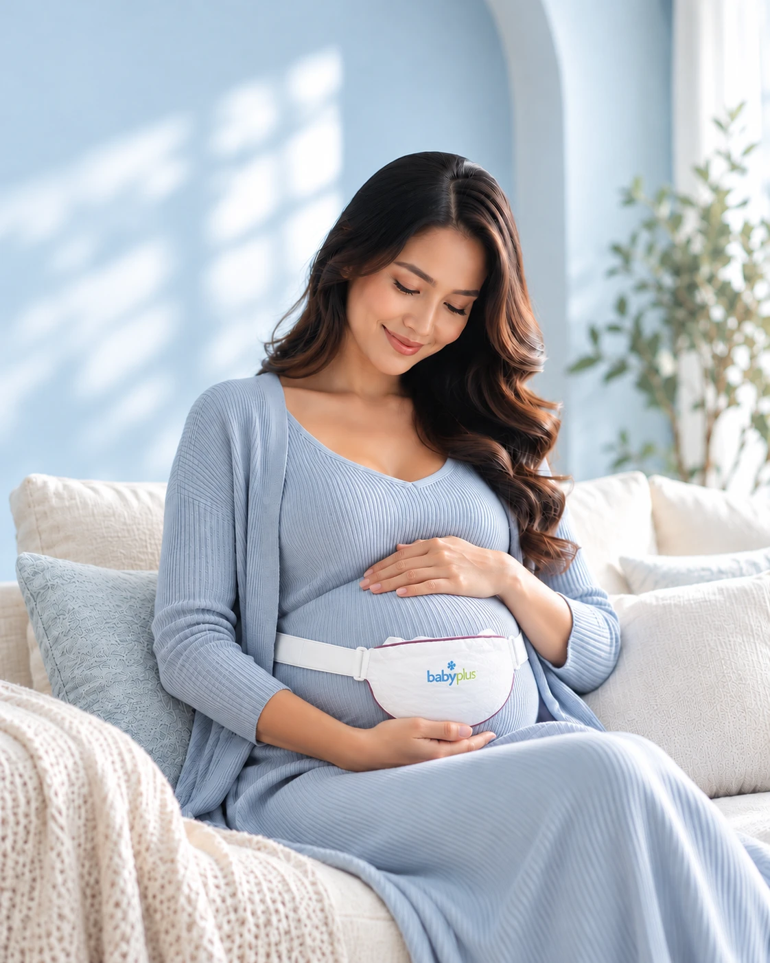 An expectant mother wearing the compact BabyPlus learning pouch