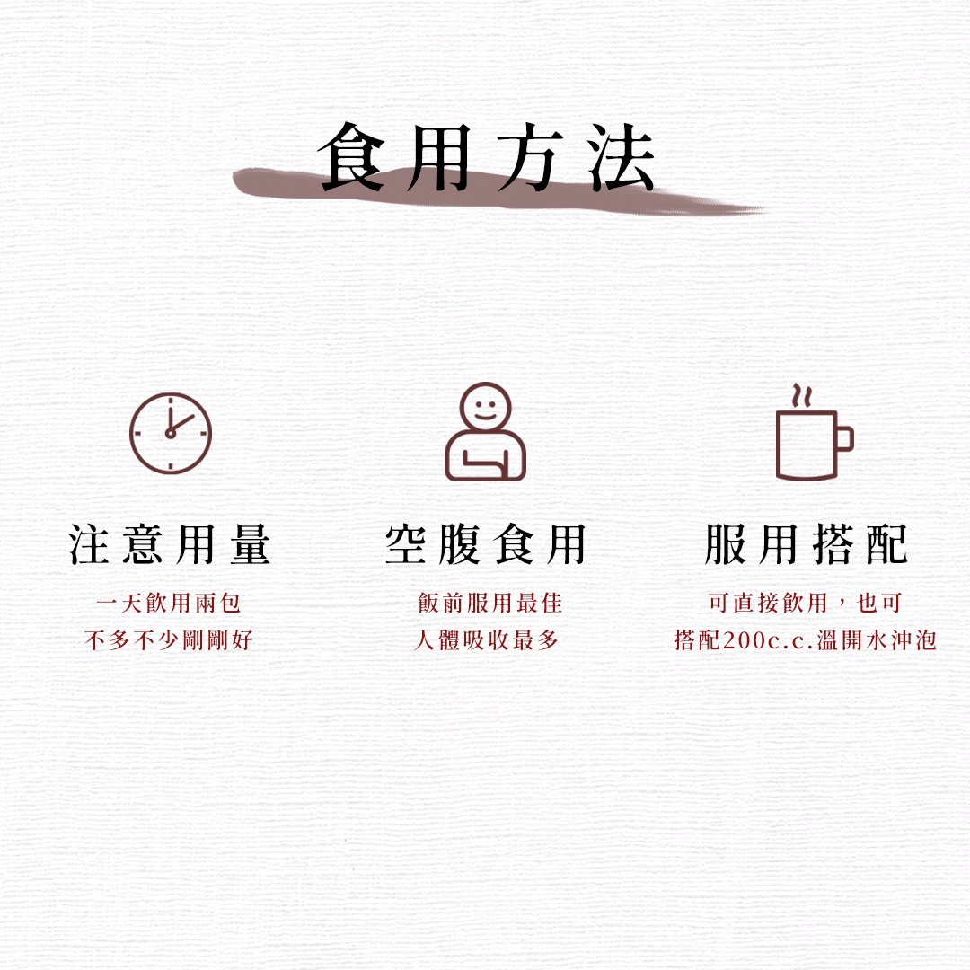 注意用量，一天飲用兩包，不多不少剛剛好，食用方法，空腹食用，飯前服用最佳，人體吸收最多，服用搭配，可直接飲用,也可，搭配200c.c.溫開水沖泡。