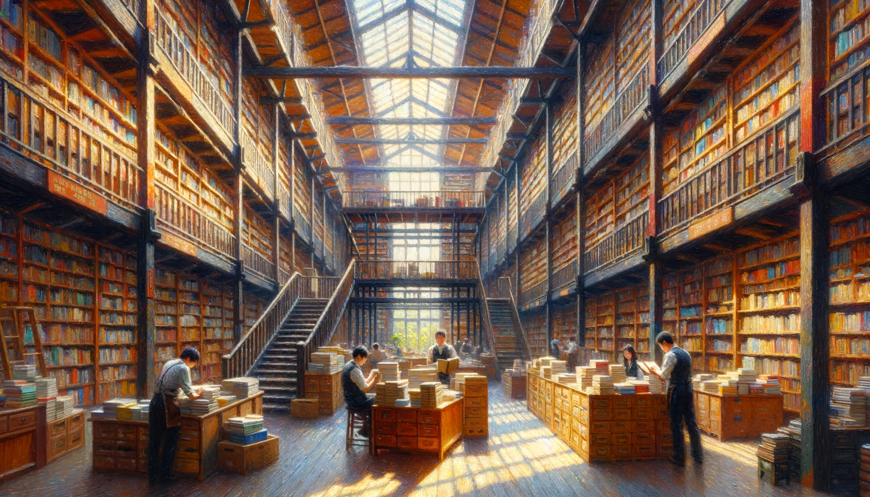 DALL·E 2024-01-28 22.38.41 - Create a wide, detailed impressionist-style painting of a three-story traditional bookstore warehouse interior, capturing the feeling of being immerse