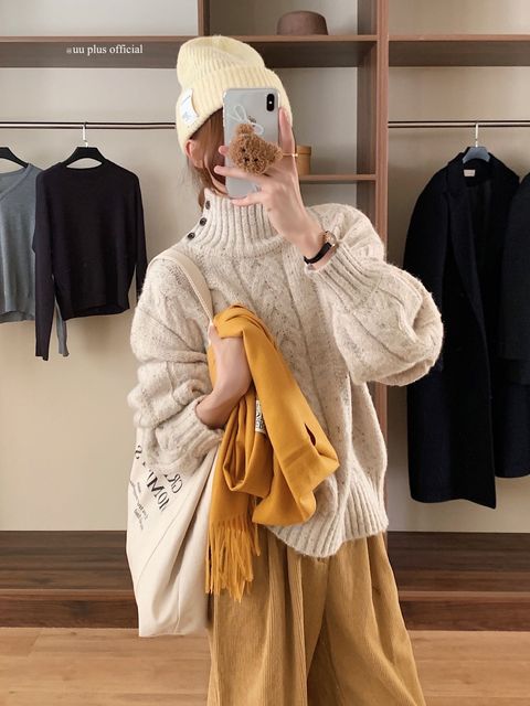 PARTYPARTY_18_高領開釦麻花針織衫_米白橘色咖啡黃綠_F_$1280  (1)