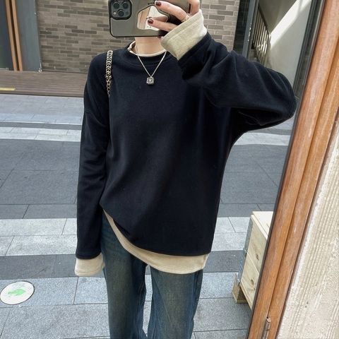 92-6W289-20230054-假二件配色棉絨素衫-咖色. 淺杏色. 深灰. 黑色-F-01