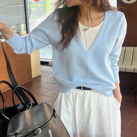 23-FEB05.10338-20350084-軟綿假兩件配色V領針織衫-黃色. 水藍. 深藍. 咖色-F-01