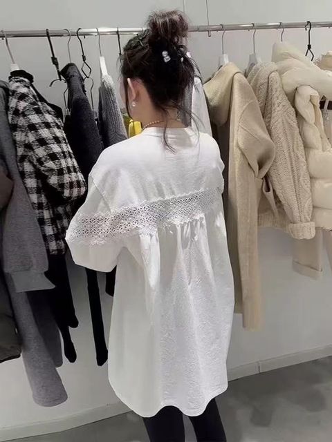 92-6X249-20390094-異材質拼接蕾絲縮袖造型衫-象牙白-F-01