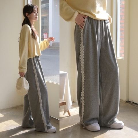 23-MAR05.10646-20550124-側拼蕾絲抽繩休閒褲-黑色. 灰色. 燕麥杏-F-01