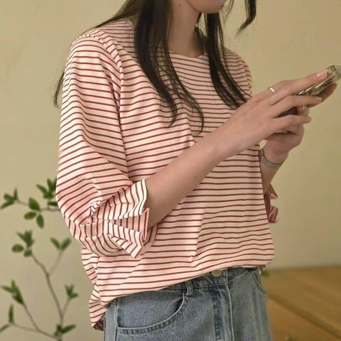 By.MU-17-造型七分袖條紋衫-聚酯纖維55%. 棉39%. 彈性纖維6%-黑色. 紅色-F-$1180-01