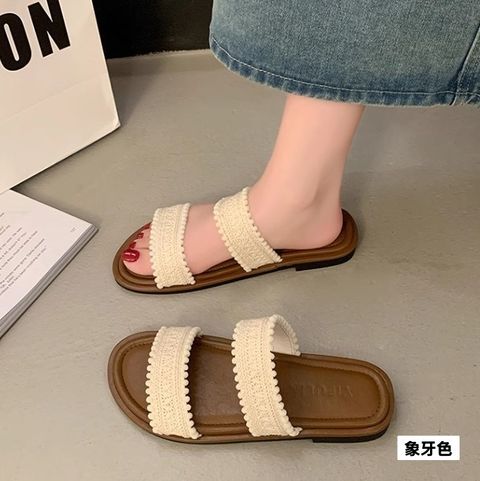 Honey讚-2566-9-20280064-波希米亞風雙一字編織帶拖鞋-底厚約1.5cm-黑色. 象牙色. 橘棕色. 咖色-225-250-01