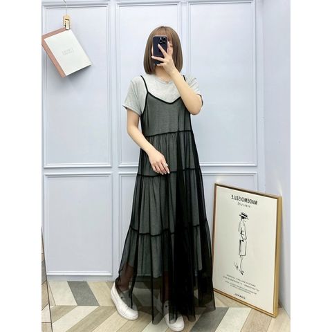 Wish-8191-203800844-真二件蛋糕背心紗洋配棉質長洋-黑色. 灰色-F-01