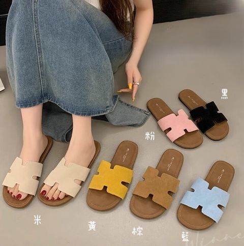 Honey 讚_0408_899-9_28_軟Q麂皮絨造型寬帶拖鞋_米色黃色棕色藍色粉色黑色_23-25_底高1.5cm_$490  (1)