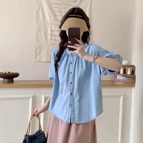 Circie-8868-2030074-小蓬袖圓領牛仔衫-淺藍. 深藍-F-01