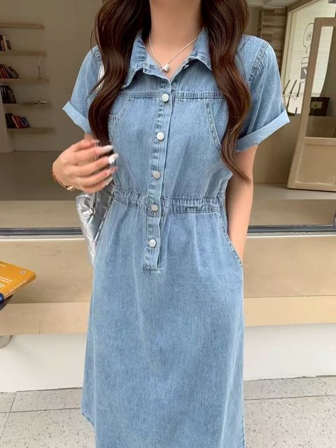 Circle-0962-20400094-半開襟排釦收腰牛仔洋-淺藍. 深藍-F-01