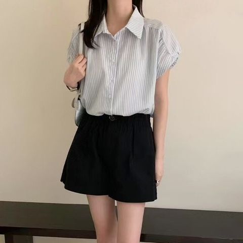 Circle-2626-20240054-拼接袖棉麻條紋襯衫-黑色. 藍色-F-01