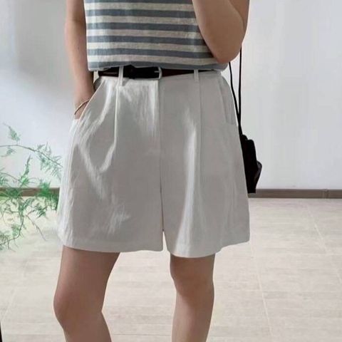 Wish-3567-20260064-百搭棉麻短褲(附腰帶)-白色. 藍色-F-01
