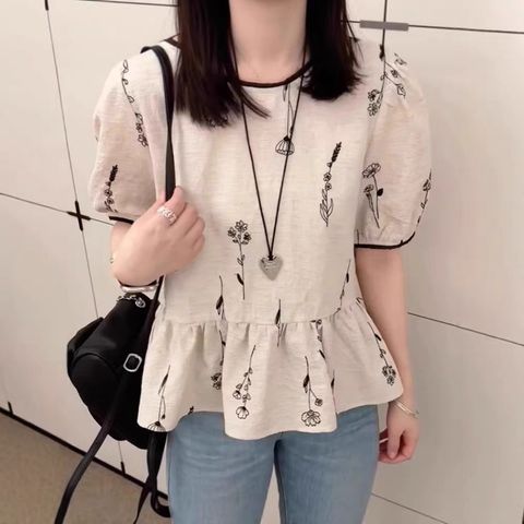 Circle-92033-20280064-滾邊配色電繡小花棉麻衫-杏色-F-01