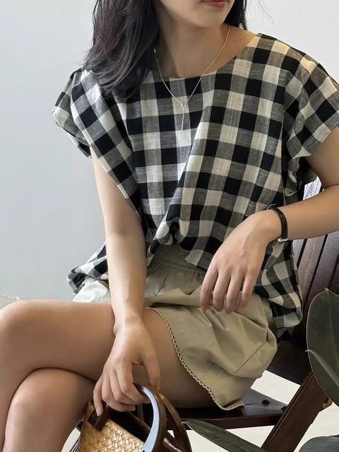 92_0608_6X1062_21_大格麻紗包袖衫_黑白格_$480  (1)