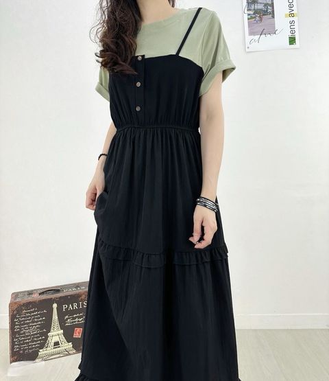 11_0610_25457_25_假二件拼接縮腰長洋_灰色白色綠色_F_$680  (1)