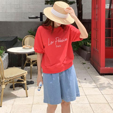 Crystal-9-拉克蘭袖字母T-棉100%-杏色. 紅色. 深藍色-$680-F-01