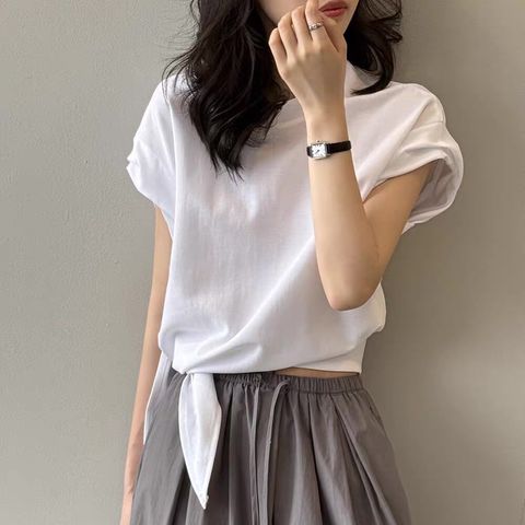 Wish-9851-20270064-袖壓褶側襬綁帶造型衫-黑色. 灰色. 象牙白-F-01