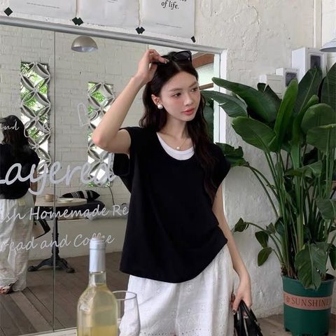92-6X1164-20170044-假二件配色包袖T恤-白色. 黑色. 綠色. 杏色. 灰色. 粉色-F-01