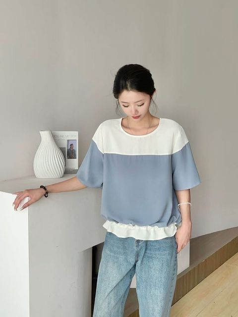 92_0709_6X1144_195_縮腰配色混紡衫_藍色黑色杏色_F_$480  (1)