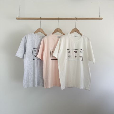 Five-7-狗狗表情休閒棉T-白花灰. 粉色. 象牙白-F-01