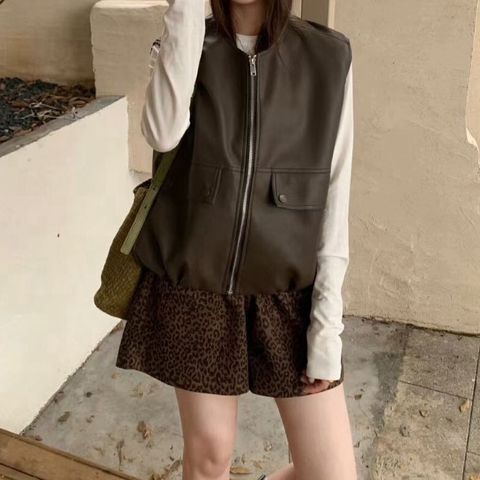 Wish-885-20250054-個性豹紋短褲-灰色. 咖色-F-01