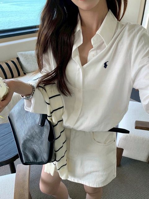 92-6Y049-20280064-電鏽小馬反摺袖襯衫-襯衫布-白色. 奶咖. 條紋. 藏藍-F-01