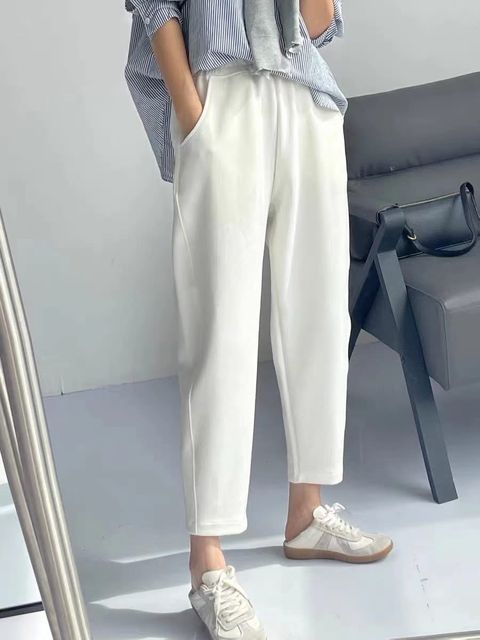 92-6Y093-20250054-薄料太空棉休閒小男友褲-杏色. 茶綠. 象牙白. 粉色. 深藍. 摩卡. 黑色. 深灰-F-01