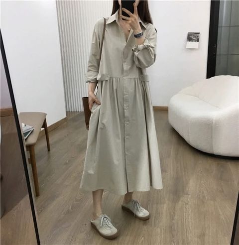 92_1009_6Y126_30_翻領側釦造型洋裝_杏色黑色_F_$780  (1)