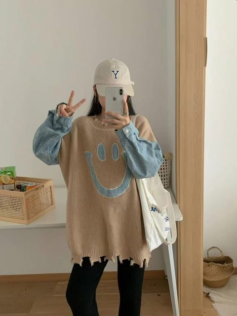 92_1009_6Y196_37_造型牛仔拼接笑臉上衣_黃色杏色象牙白_F_$880  (1)