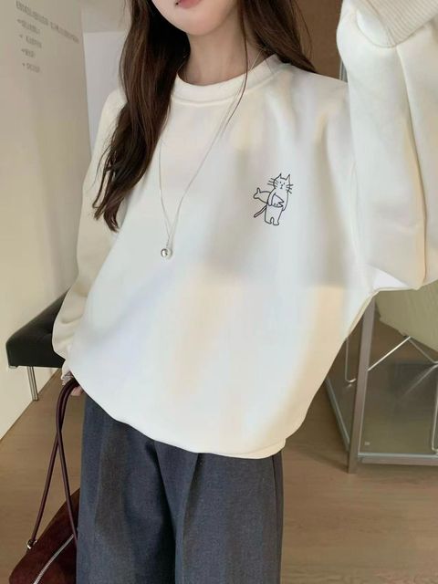 92-6Y256-20240054-呆萌貓咪捕魚趣大學T-花灰. 白花灰. 淺杏. 深藍-F-01