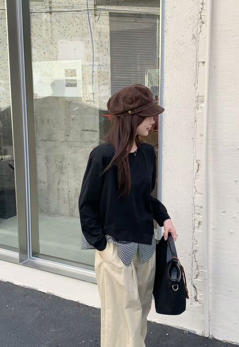 92-6Y148-20250054-下襬接格紋不對稱剪裁休閒衫-綠色. 灰色. 奶杏. 黑色-F-01