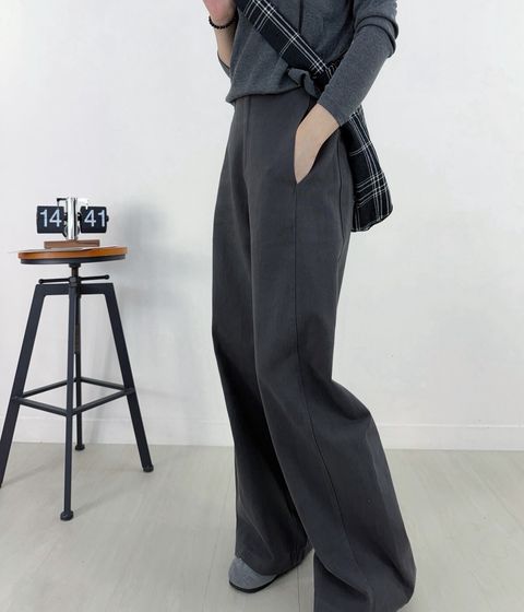 11-25818-20360084-後腰鬆緊修身直筒褲-水洗布-黑灰. 可可灰-F-01