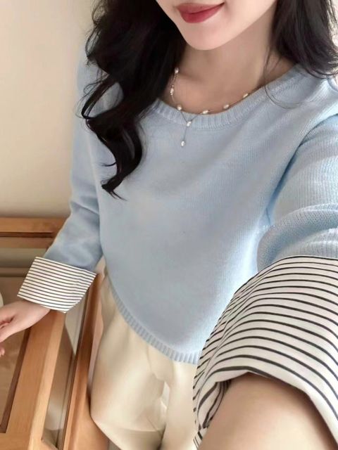 22-8457-20280064-袖接條紋針織2-杏色. 淺藍. 粉色. 深灰. 藏藍-F-01