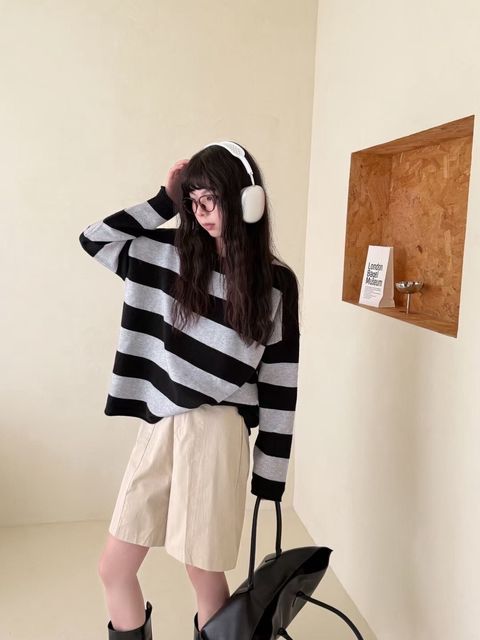 11-25746-20260064-捲捲邊親膚休閒條紋針織衫-有彈性-深藍. 黑灰. 粉色-F-01