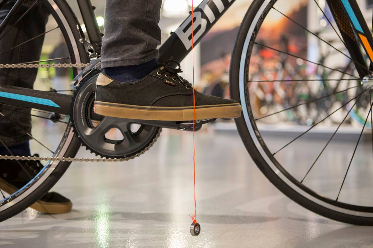 The plump line should fall right “through” the axle of your pedal. The plump line should fall right “through” the axle of your pedal.