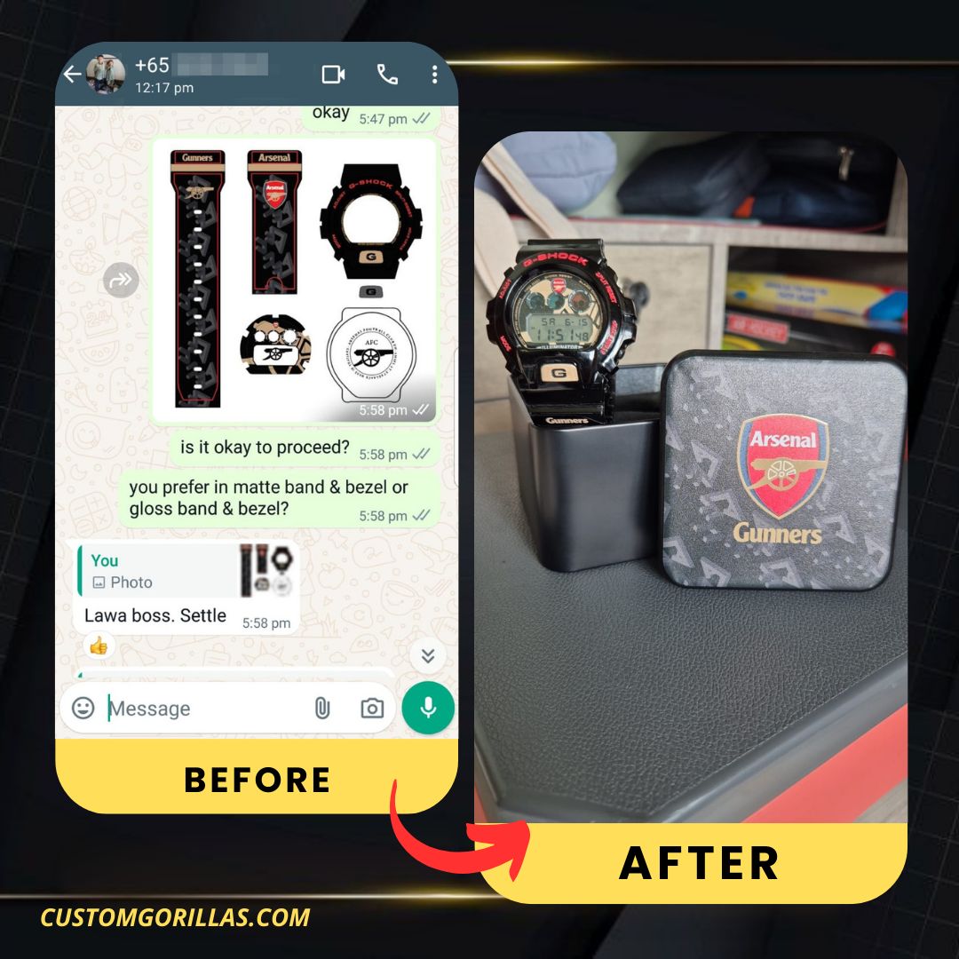Custom football club watch and packaging before and after