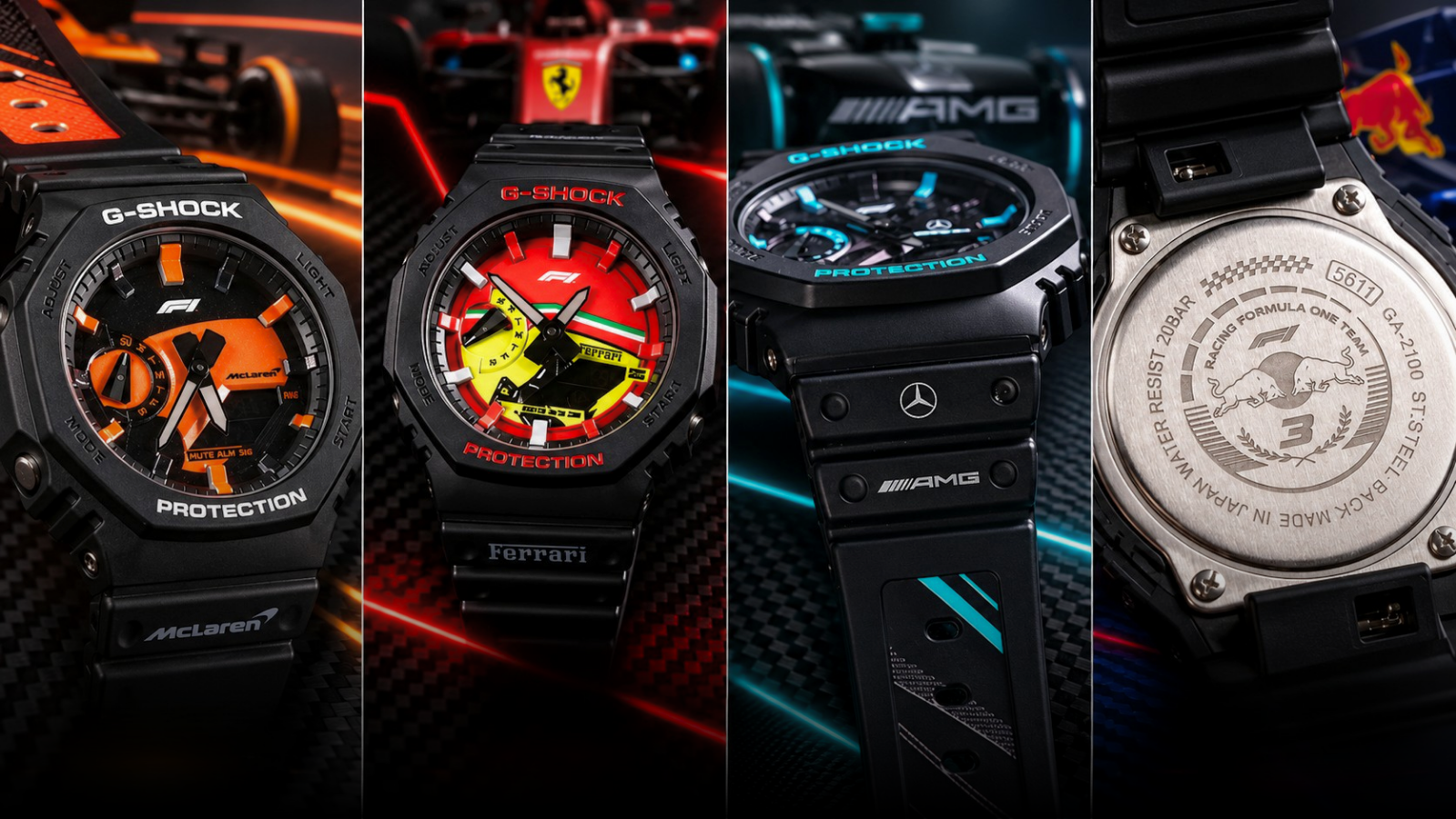 Custom F1 watch collection featuring McLaren, Ferrari, Mercedes-AMG and Red Bull-inspired racing designs
