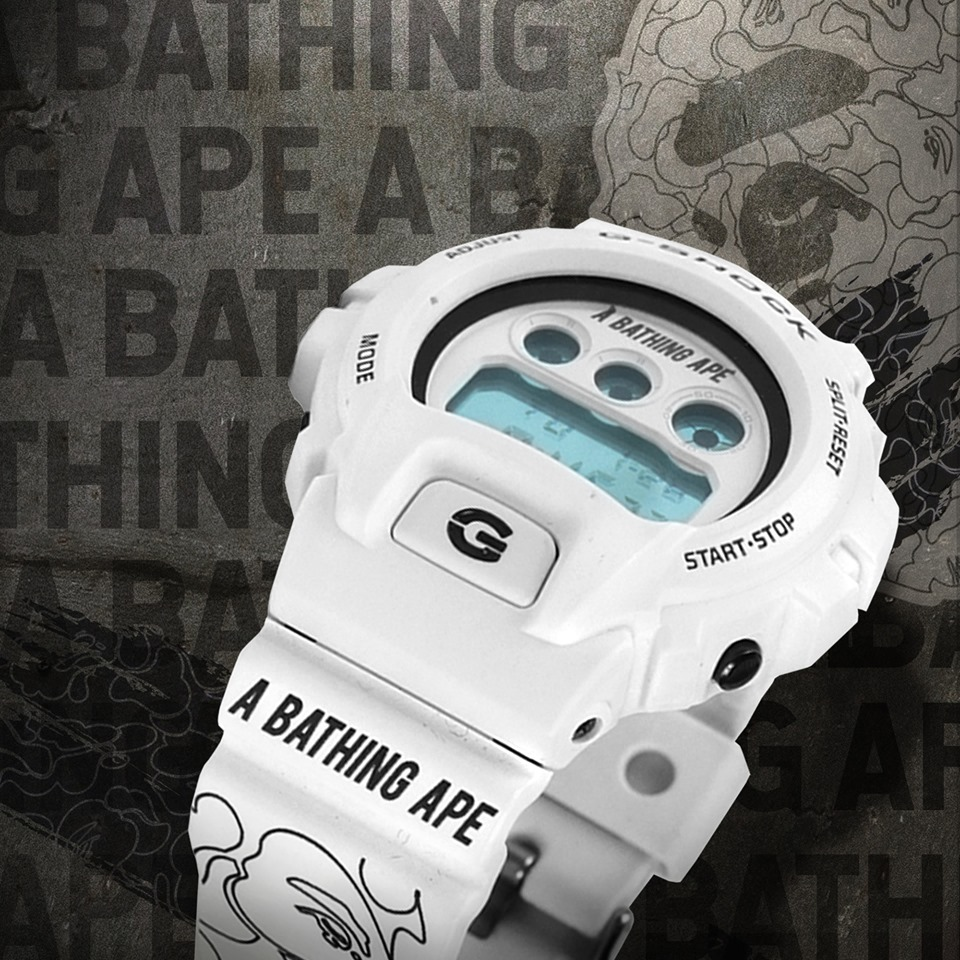 A BATHING APE Custom Design on authentic G-Shock White Colour Digital Resin  Watch *Full Set Collection